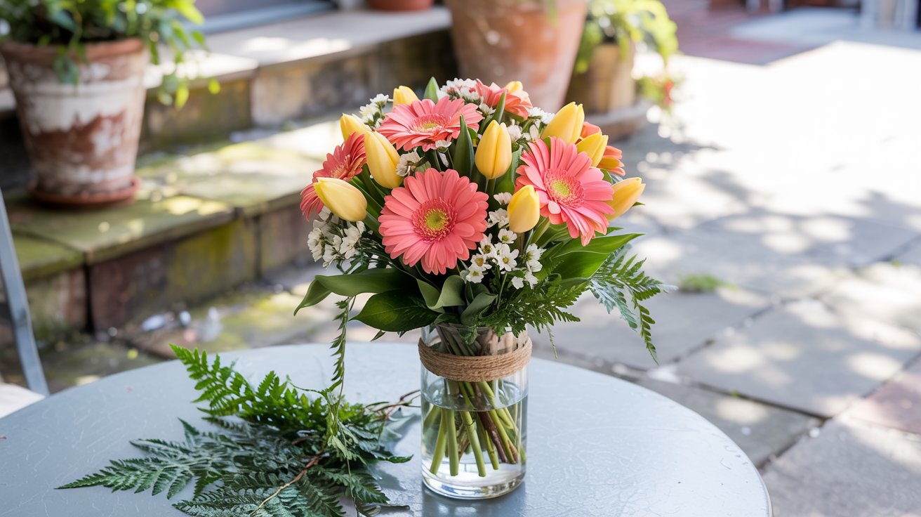 A peach colored Mother's Day Arrangement sits on a patio table - a perfect start to Make Mother's Day Special