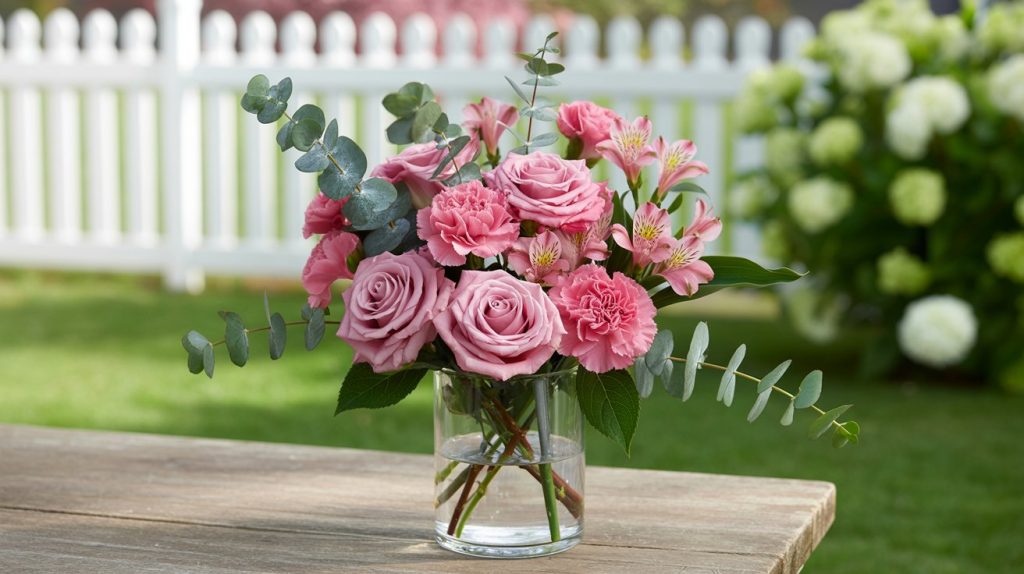 A close-up of graduation flowers featuring beautiful pink roses and pink carnations. The arrangement sits on a wooden outdoor table with a white picket fence and beautiful floral bush in the background.